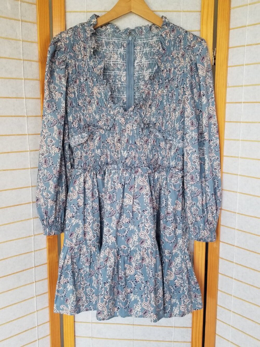 Long Sleeve Blue Floral Smocked Mini Dress Ditsy Cottage Moodie Medium